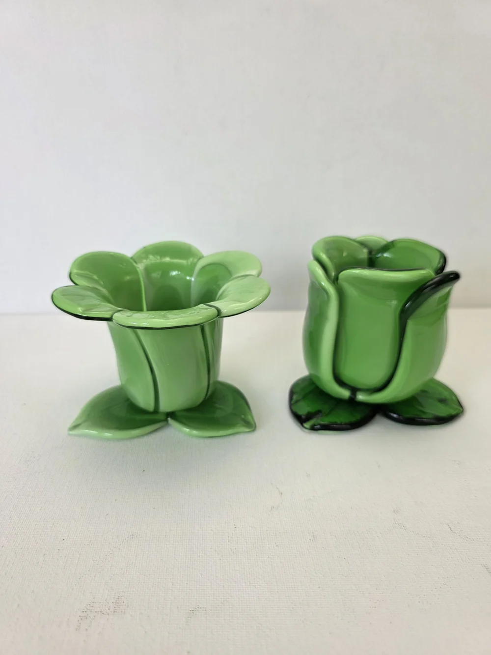 Green Hand Blowned Glass Flower Votives - Set of 2
